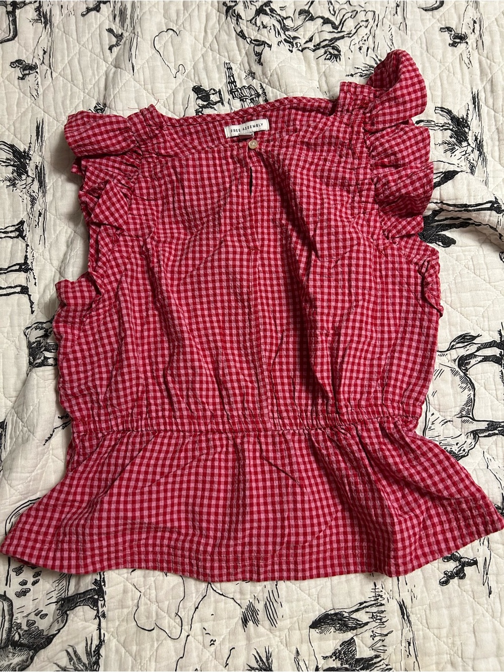 Pink& Red Gingham Ruffle Sleeve Peplum Top